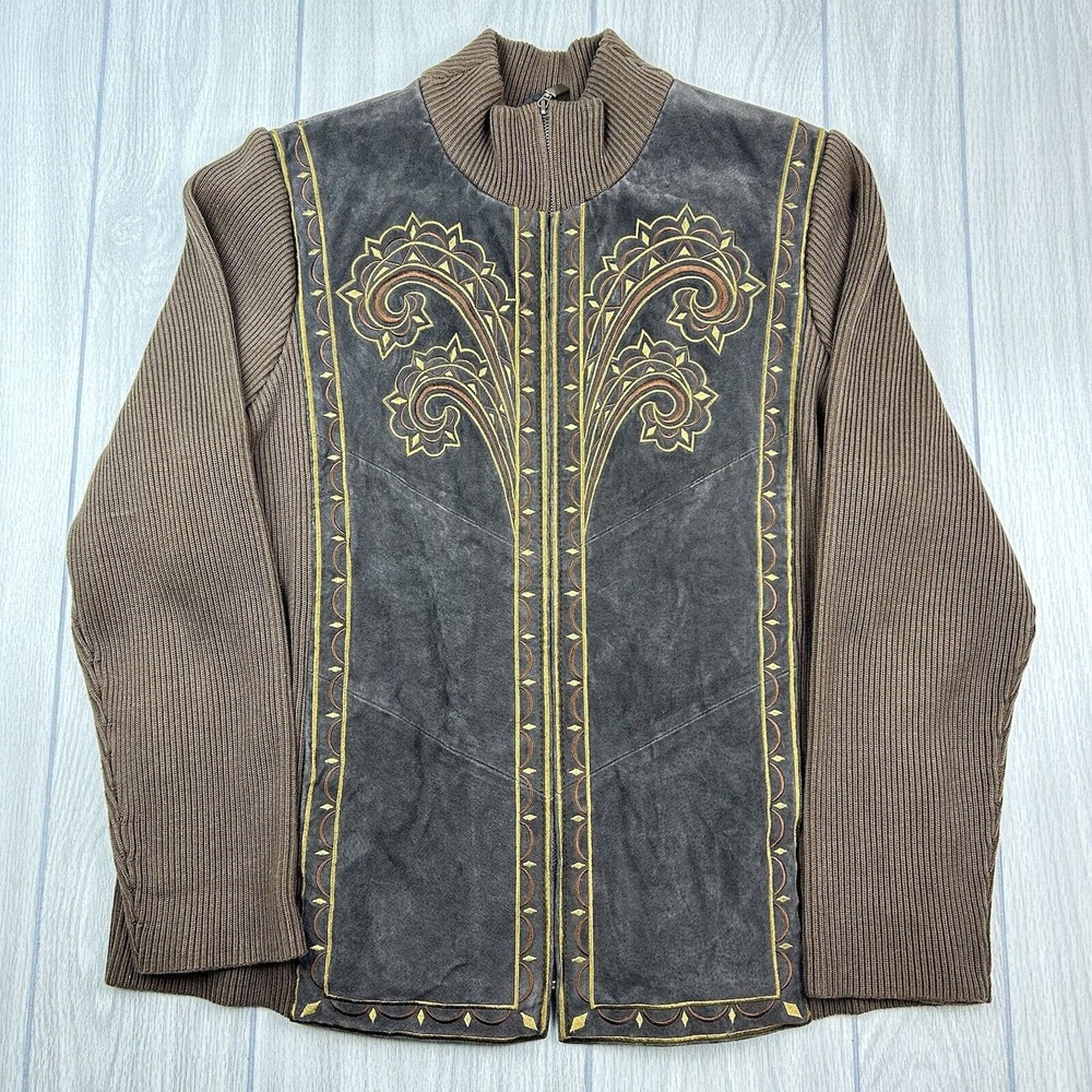 80s Bob Mackie Wearable Art Brown Leather Embroidered Full Zip Jacket Womens L
